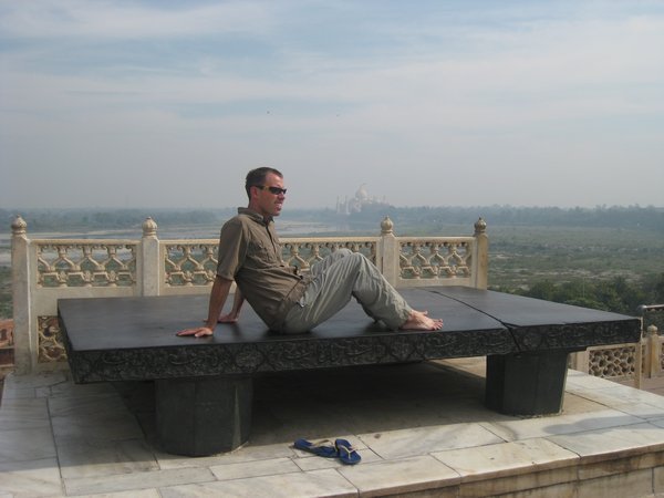 16. Relaxing in Agra Fort with the Taj Mahal in the background, Agra