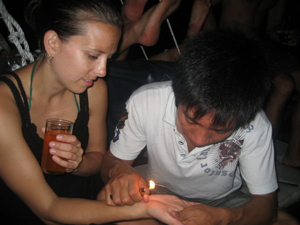 Getting my palm read by the Vietnamese guy who worked on the boat