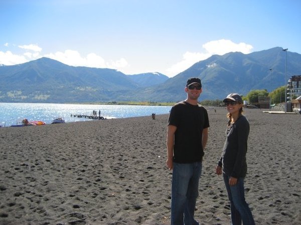 Black sand beach at the lake