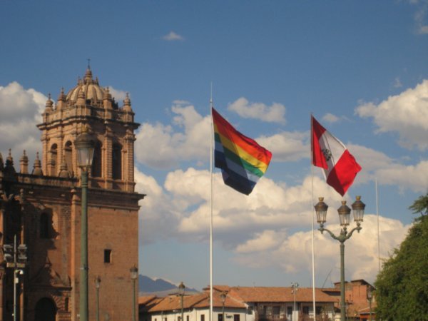 The Inca and Peruvian flags fly proud