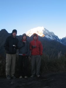 The trio with Salkantay mountain in the early morning
