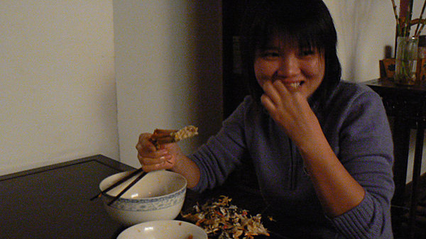 Cathy eating hairy crabs.