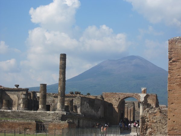 Looking at Mt. Vesuvius from inside Pompeii
