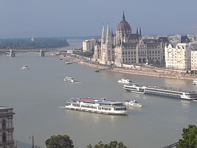 The view of the Hungarian parliament building from Buda Castle on the Buda side of the Danube.