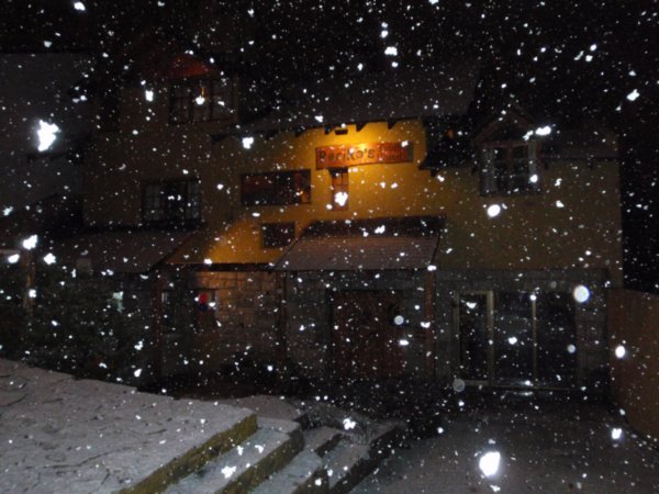 Leaving Periko Hostel on a dark snowy morning