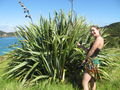 Emma with a flax bush in the bay of islands