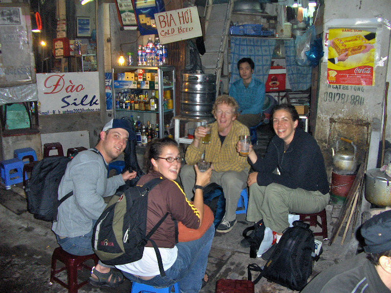 Marc, Maria, Lindsay and Scott drinking bia hoi in Hanoi, Vietnam