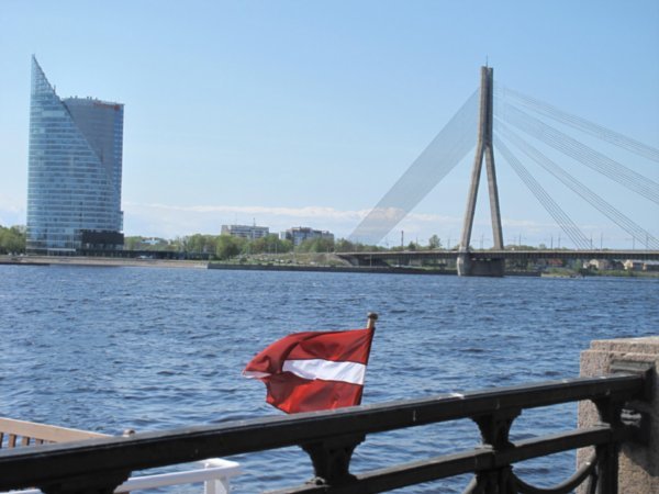 Daugava River with flag and bridge