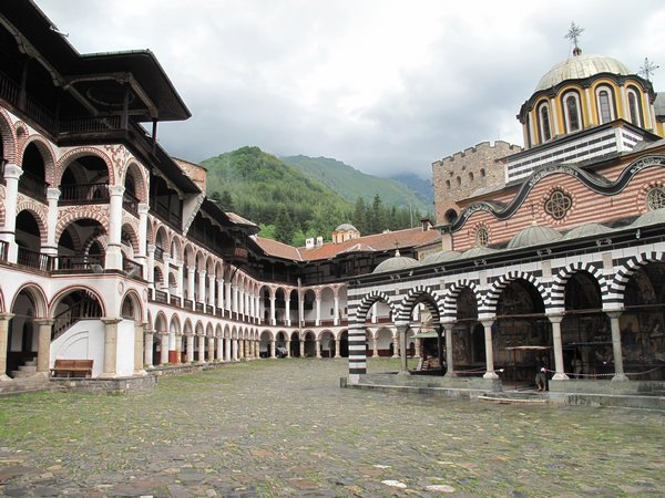 Rila Monastery with mountains in background
