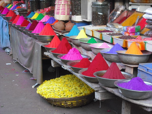 Bazaar at Mysore, colored powder used in temples