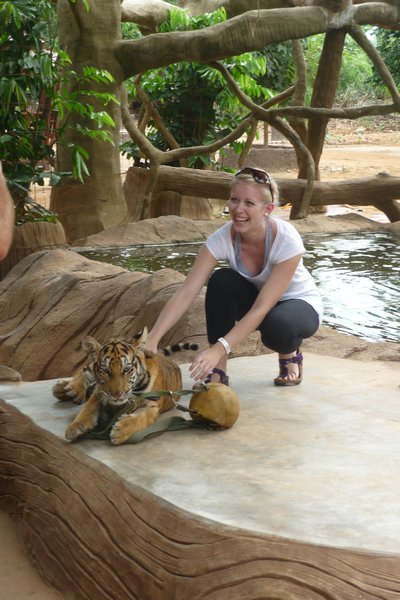 Sarah playing with the tiger cub