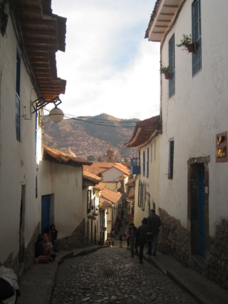 Looking down a cobblestoned street