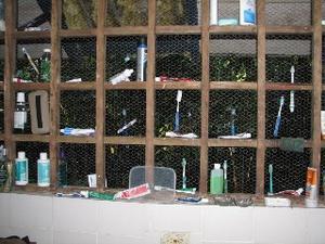 Toothbrushes hanging in the chicken wire in the bathroom