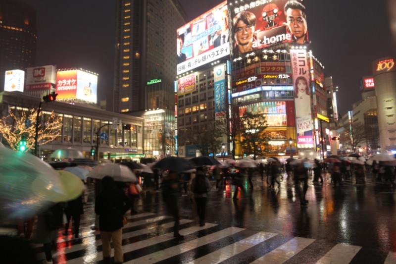 Shibuya crossing on a rainy night 