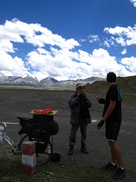 some locals offered us some fresh watermelon as we neared the kunlun mountain range