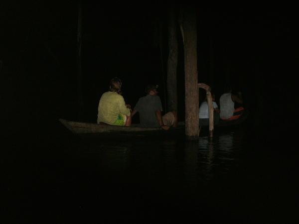 Canoeing at night through the forest