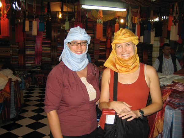 Moroccan headware -- Beth & I looking demure