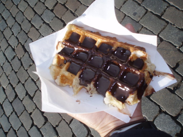 Belgian waffle smothered in chocolate
