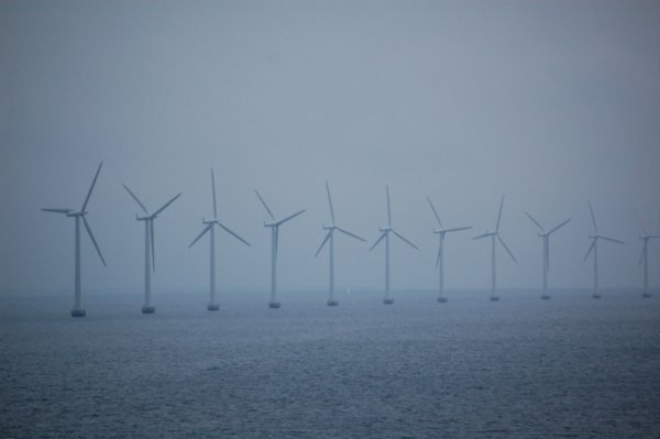 Wind turbines in morning mist