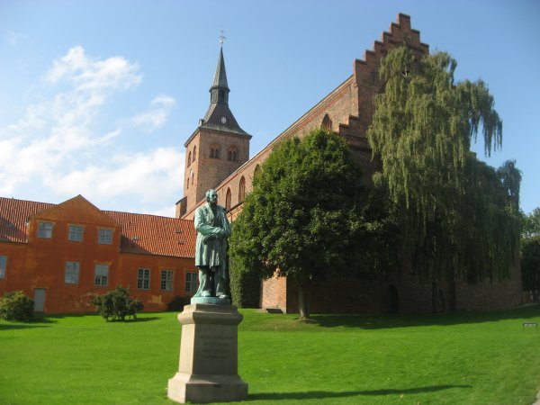 Outside of Sankt Knuds Kirke, & Hans Christian Anderson Statue, Odense, Denmark
