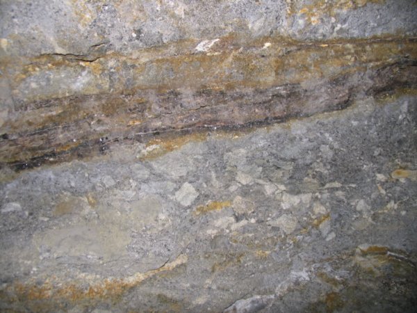 Veins of trace minerals in the ceiling of the mine
