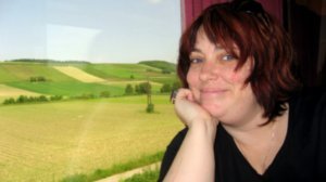 Tricia on the train to Budapest