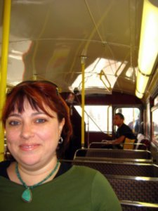 Tricia on old bus