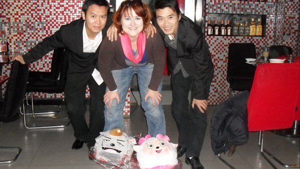 Yang Jin Bo, Yujun and me in the most awesome slippers Ive ever got.