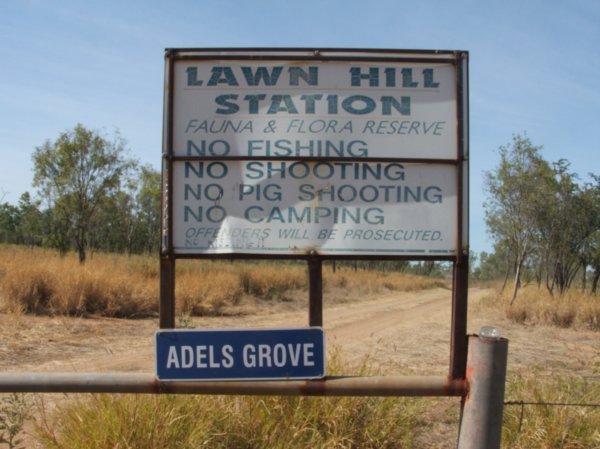 Sign seen leaving Lawn Hill Station