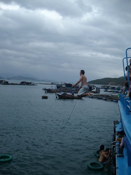 Mark jumping off the top deck after lunch