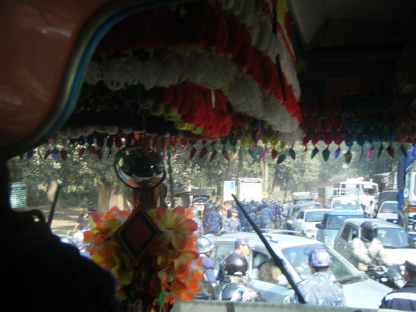 View of roadblock from the magic bus interior