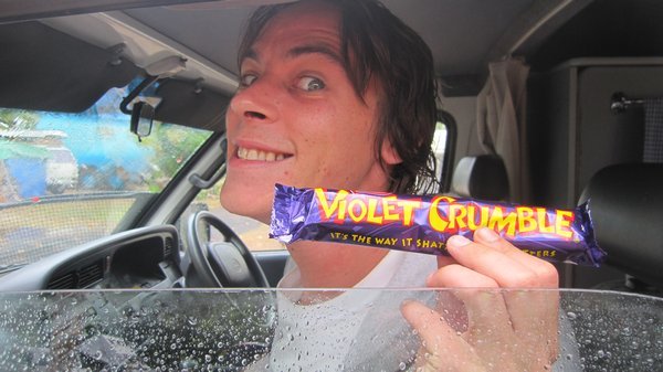 Nick with a parting gift of a violet crumble