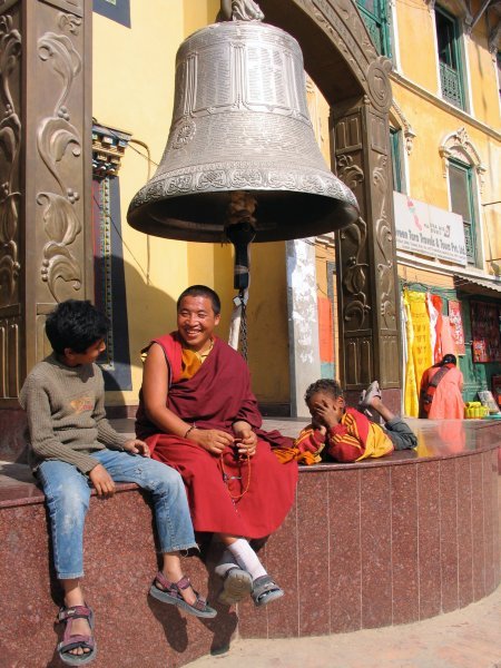 monk and kids at Bouddhanath