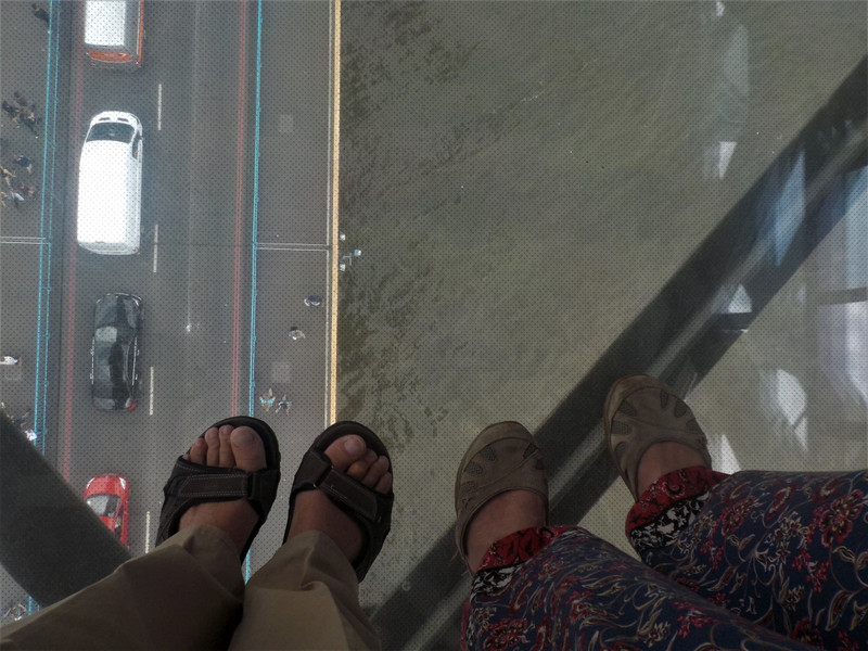Stepping onto the glass walkway