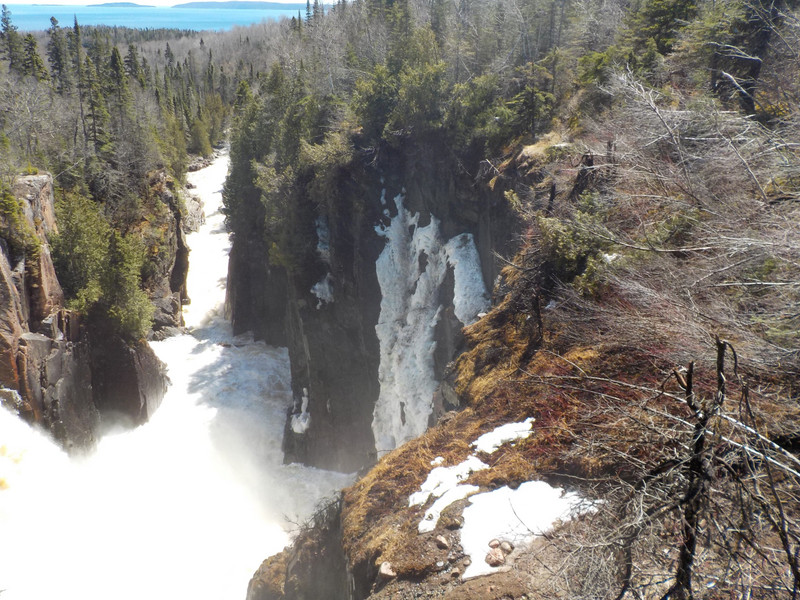 Still thick snow about, even at the waterfalls