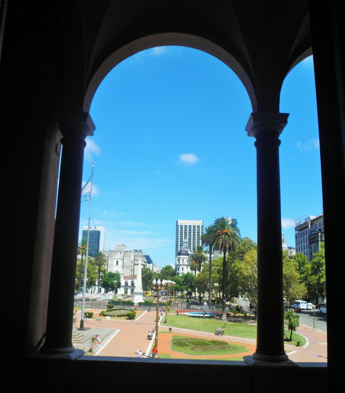 Looking out from the balcony to the plaza