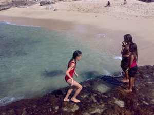 Girls jumping into to swim with turtles