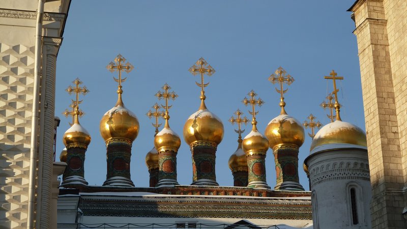 Spires atop a church in the Kremlin