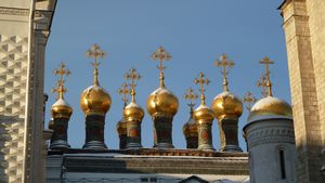 Spires atop a church in the Kremlin