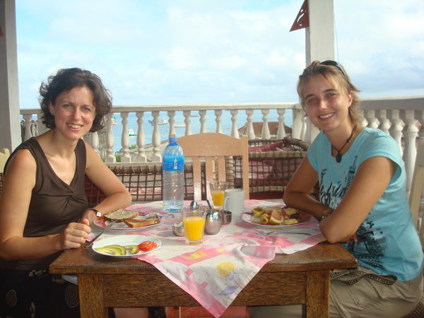 The sisters reunited and enjoying our first breakfast in Stone Town, Zanzibar