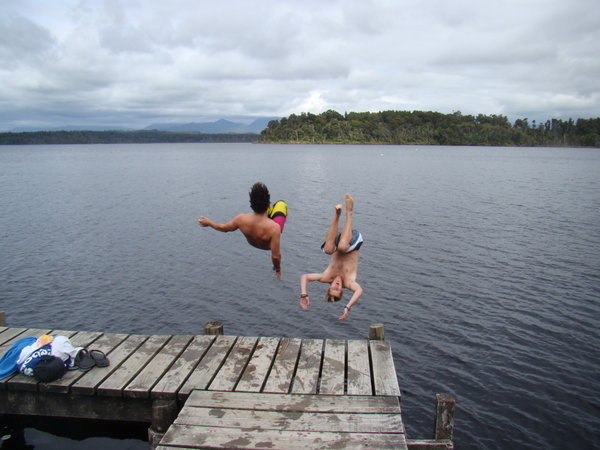 Jumping in the lake at Mahinapua