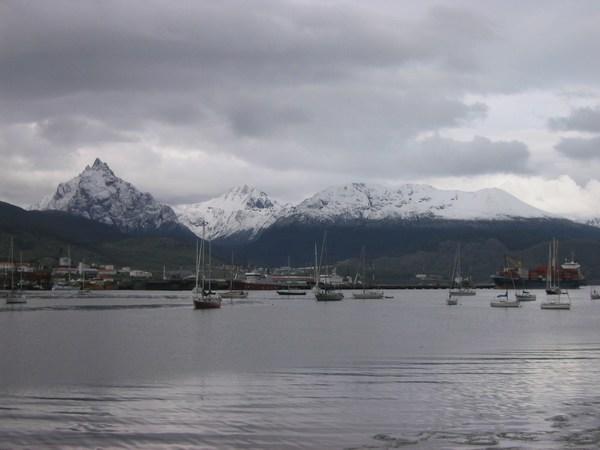 Ushuaia bay with the southernmost tail of the Andes in the background
