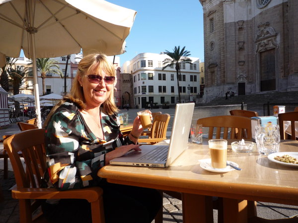 typing our blog in middle of cadiz