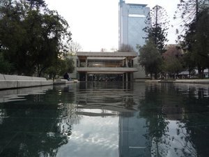 Library with wifi and cafe and pond in park