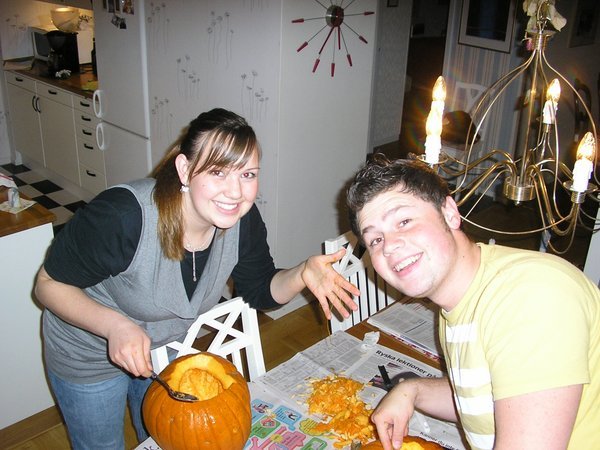 Justin and I carving the pumpkins