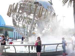 Karen by the big rotating Universal globe