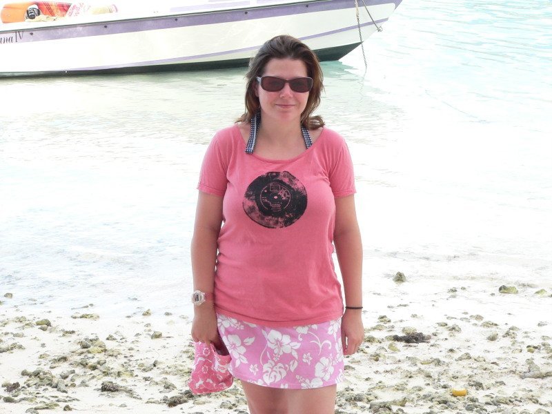 Karen on the motu beach