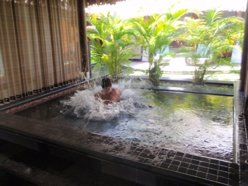 Matt jumping right into the cold plunge pool