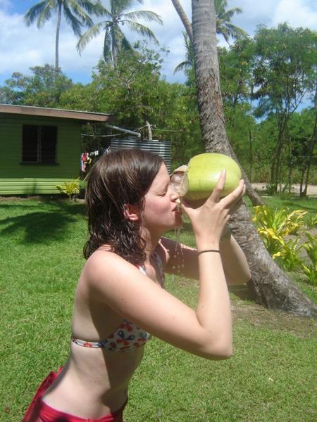 Drinking from a coconut