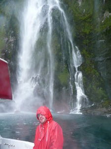 Getting soaked by a waterfall, Milford Sound